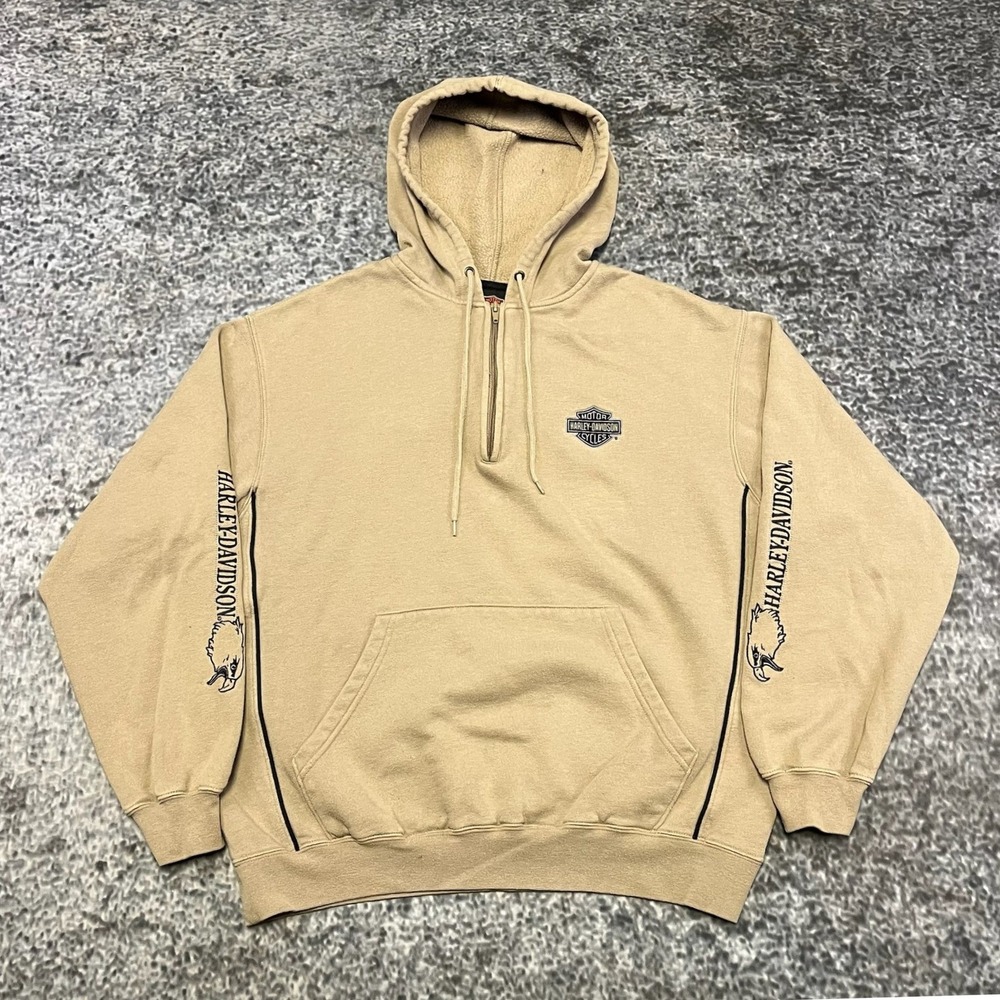 Vintage Harley Davidson Hoodie 1/4 Zip‎ Mens Medium Tan Embroidered Logo Y2K